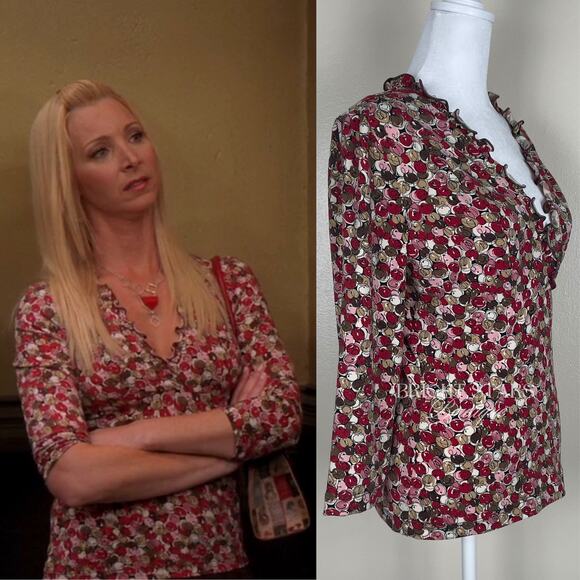 Rare Vintage Pink Print Top ASO Phoebe Buffay Friends V-Neck Faux Wrap Y2K - Picture 4 of 11